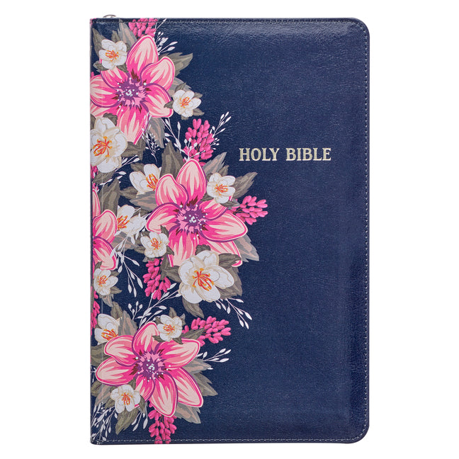 KJV Bible Deluxe Gift (Faux Leather, Blue Floral Printed W/Zipper) - Ingram